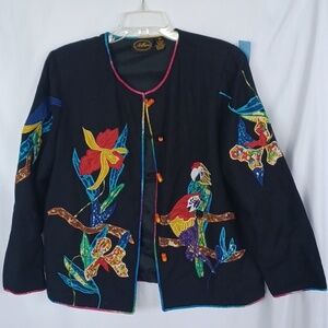 Vintage Allure Rainbow Parrot Embroidered Button Down Light Jacket,  M, 24" PTP